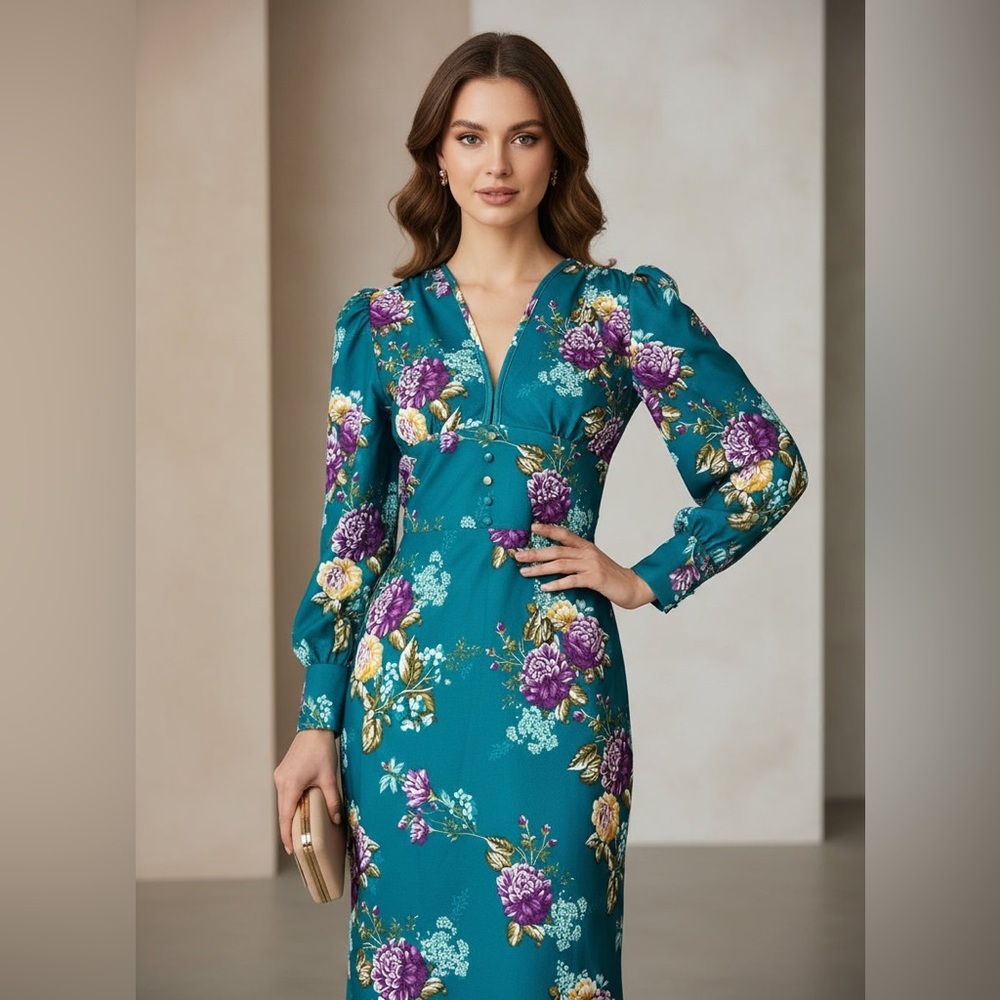 Teal Floral V-Neck Long Sleeve Women’s Dress